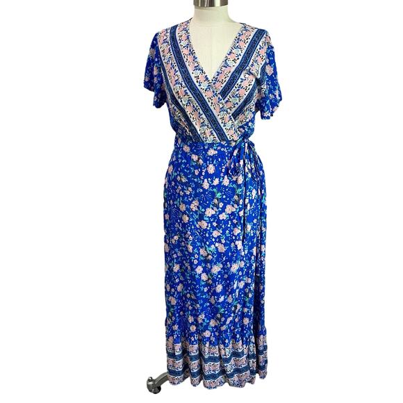 Zesica Boho Style Wrap Maxi Dess in Blue & Floral Print Size Large - Picture 2 of 11